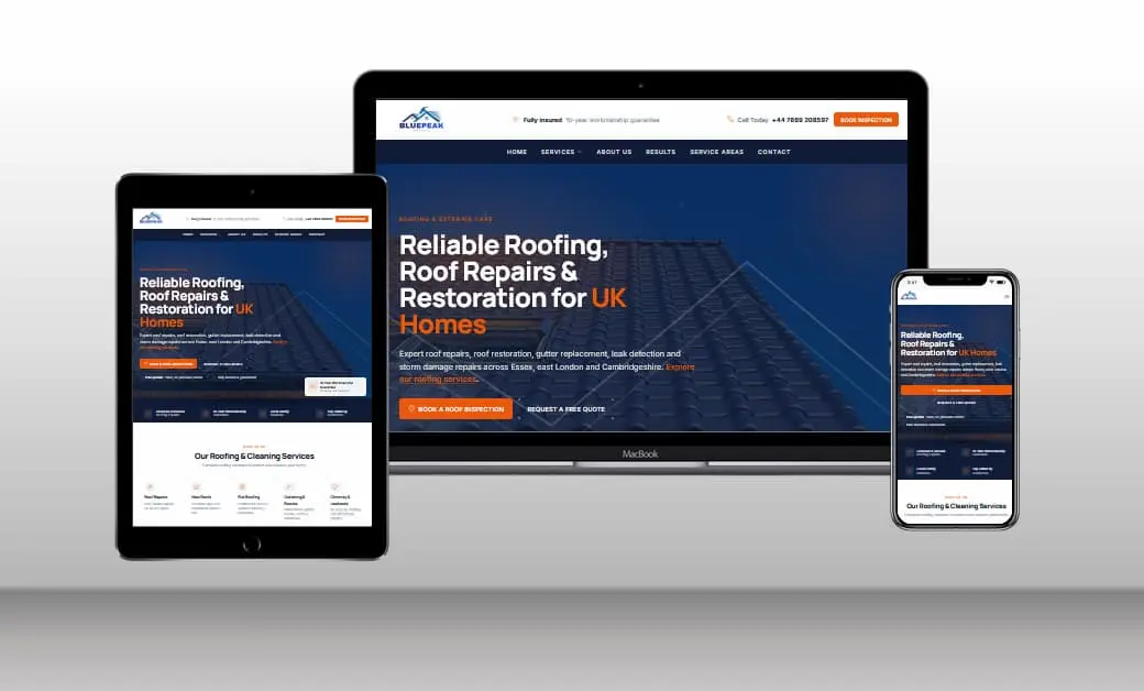 The Bluepeak Roofers website on a laptop, tablet and phone
