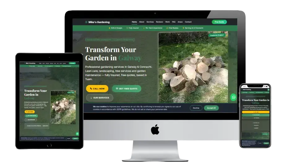 The Mike's Gardening website on a computer, tablet and phone