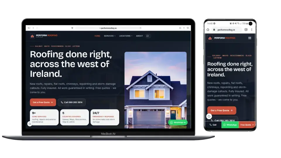 The Perform Roofing website on a laptop and phone
