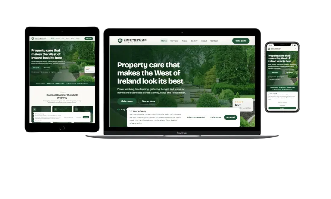 The Sean's Property Care website on a laptop, tablet and phone